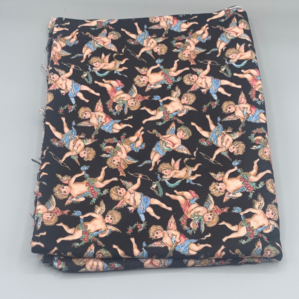 Hi Fashion Fabrics Cherubs Black Background Fabric Victorian Style Cupid Print